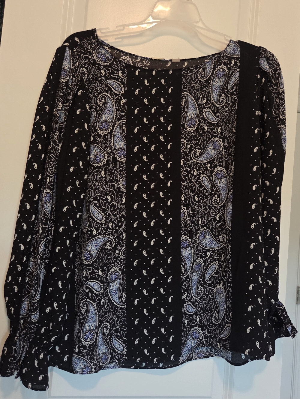 Black Paisley Print Blouse with Blue Accents